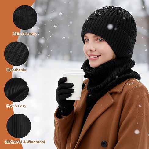 Winter Beanie Hat Scarf for Men Women, Warm Fleece Knit Winter Hats Neck Scarf Set Winter Gifts for Unisex Adult in Kuwait