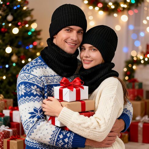Winter Beanie Hat Scarf for Men Women, Warm Fleece Knit Winter Hats Neck Scarf Set Winter Gifts for Unisex Adult in Kuwait