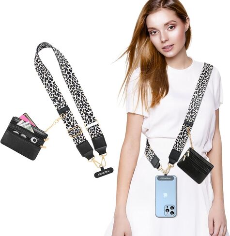 MoKo Universal Phone Lanyard, Clip and Go Strap Crossbody with Detachable Zipper Wallet Pouch, Adjustable Phone Lanyard Crossbody Around The Neck with Patches for iPhone, Samsung, Black in Saudi Arabia