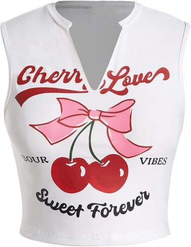 SHENHE Women's Letter Graphic Print Tank Top Sleeveless Notched Neck Cropped Tee Top in Saudi Arabia
