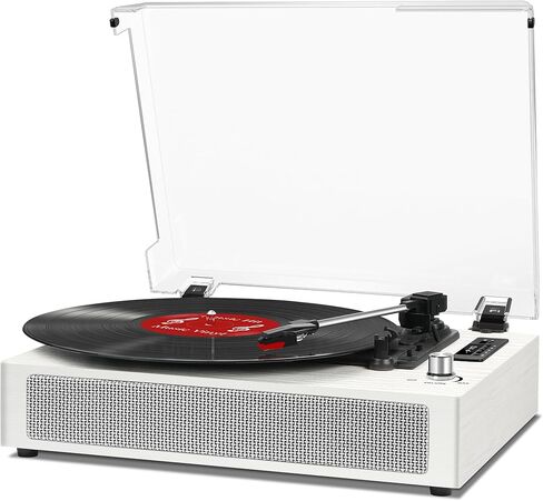 مشغل تسجيل الفينيل من VinylsLink مع مكبرات صوت ستيريو مدمجة وضبط الجهير، مشغل حزام عتيق محمول بثلاث سرعات، مدخل بلوتوث، مخرج RCA Line Out AUX في مقبس سماعة الرأس، خشب أبيض in Kuwait