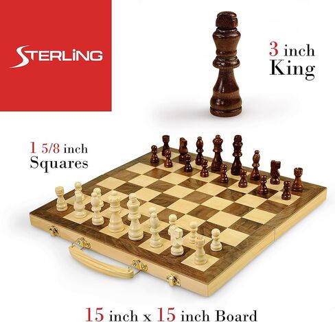 STERLING Games 16" Solid Wooden Chess Set Travel Folding Board with Brass Locks and Felted Interior Storage with Piece Holders in Saudi Arabia