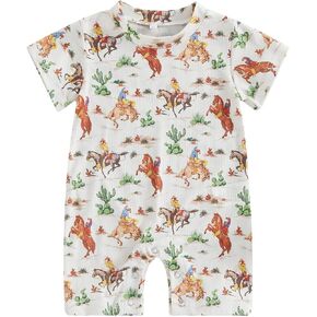 Gueuusu Country Baby Clothes Boy Girl Western Cow Print Short Sleeve Romper Bodysuit Ribbed One Piece Jumpsuit Summer Outfit