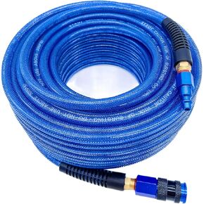 SYXQT Polyurethane(PU) 1/4-Inch x 100FT Reinforced, Air Hose with 1/4" Swivel Solid Aluminum Colored Universal Quick Coupler and Plug, Bend Restrictor,Dark Blue