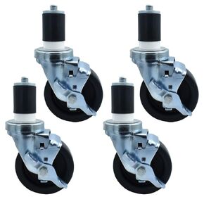 BK Resources 4" Polyurethane 1-5/8" Expanding Stem Swivel Casters, Set of 4, NSF, Top Lock Brake, 300lb Capacity, Non-Marking Resistant to Acids & Caustics, Double Ball Bearing, Zinc Plated