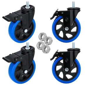 Stem Caster Wheels 4 inch Heavy Duty 1/2"-13 x 1 Swivel Threaded Stem Casters Set of 4 Industrial Castors with Safety Dual Locking Wheel for Furniture and Cart Blue 1200 lbs