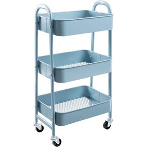 AGTEK Makeup Cart Movable Rolling Organizer Cart with Drawer, 3 Tier Metal Utility Cart with Hanging Cups,Drawer with Leather Handle, Mobile Trolley Cart for Home & Office, Pink