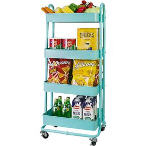 elabo 4-Tier Metal Mesh Utility Rolling Cart, Storage Organizer Trolley Services Cart with Lockable Wheels for Kitchen, Bathroom, Living Room (White)