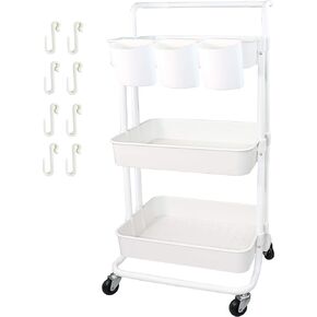 3 Tier Utility Rolling Cart Multifunction Organizer Shelf Storage Cart with 3 Pieces Cups and 8 Pieces Hooks for Home Kitchen Bathroom Laundry Room Office Store etc. (Pink)