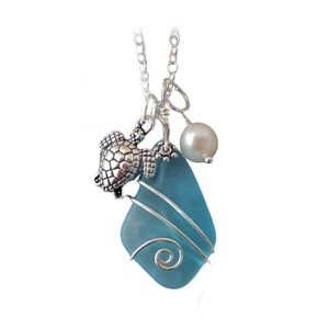 Yinahawaii Handmade Sea Glass Necklace, Hawaiian Jewelry For Women, Wire Turquoise Bay Blue Necklace Pearl Turtle Necklace, Unique Beach Jewelry Sea Glass Jewelry For Women (December Birthstone)