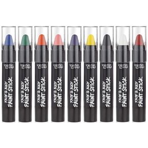 NON-UV Face and Body Paint Sticks - 9 Color Pack - Costume, Halloween and Party Makeup - Safe for all Skin Types - Easy On and Off - 3.9g - by Splashes & Spills