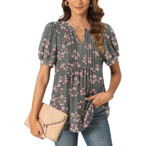 Anyally Womens 2024 Summer/Spring Dressy Casual Blouse Puff Short Sleeve Tunic Tops Pleated T-Shirts for Work