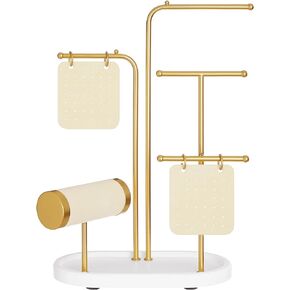 SONGMICS Jewelry Stand, Jewelry Organizer, Jewelry Display Holder Mother's Day Gifts, 2 Earring Boards, 4 Hanging Rods, Necklace Earring Bracelet Holder, for Watches, Metallic Gold UJJS025A01