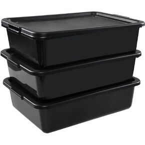Fiaze 3 Packs Plastic Bus Tubs, 13 L Commercial Bus Box with Lid, Black