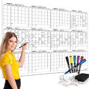 Large 36"x48" White Board Calendar Dry Erase Calendar for Wall 12 Month Planner Board Big Dry Erase Wall Calendar 2024 Monthly Large Wall Calendar Includes 6 Markers Eraser Push Pins & Mounting Tape