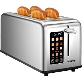 Mecity 4 Slice Toaster Touch Screen 1.5" Long Slot, Stainless Steel Smart Bread Toaster for Bagel Muffin Waffle Gluten Free Breads, Timer, Defrost, Reheat, 120V 1400W