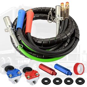 ZIQUN 12Ft Semi Truck Air Line Kit, 3 in 1 Wrap Air Power Line with Glad Hand, Handles, Glad Hand Seals and Tender Spring, Glad Hand Air Hose for Semi Truck Trailer Tractor (TR813215)