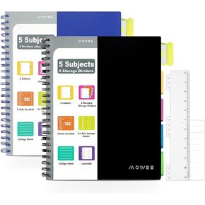 MOWEE Spiral Notebook - 5 Subject Notebook, College Ruled Notebook 3-Hole Punched With Dividers, Storage Pockets, 11" Ruler, 200 Pages, for Writing Journal, Home &Office, School Supplies（Black）