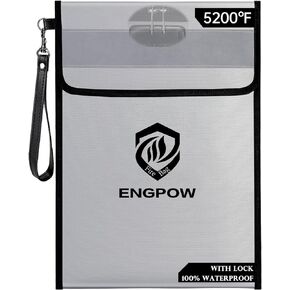 ENGPOW Fireproof Document Bag with Lock (5200℉),15"x 11"Waterproof and Fireproof Money Bag with Reflective Strip,Fireproof Safe Storage Pouch with Zipper for Valuables,Cash,A4 Legal Documents,File