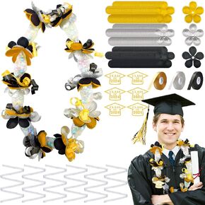 6 Pcs Graduation Candy Lei Making Kit Include 6 Pack 5ft Netting Bags 3 Rolls of 98ft Ribbon 180 Pcs Flower Pieces 6 Class of 2025 Cards for Party Graduate Gifts 2025 Graduation Party Supplies (Gold)