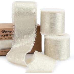 Keypan Rose Gold Chiffon Ribbon, Shimmery Gold Silk Ribbon Frayed Edge for Bridal Flower Bouquet Gift Wrapping Wedding Decor DIY Crafts 1.5" x 15 Yard 3 Rolls