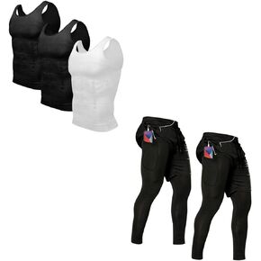 Odoland Bundle – 2 Items Mens 3 Pack Body Shaper Slimming Tummy Vest and 2 Pack Mens 2 in 1 Running Pants, Black/Black, L