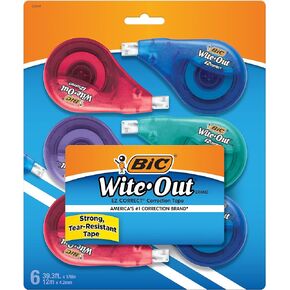 BIC Wite-Out Brand EZ Correct Correction Tape, White, Fast, Clean & Easy To Use, Tear-Resistant Tape, 6-Count