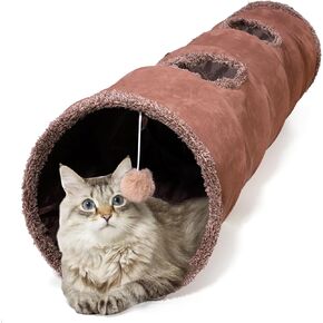 ZENFUN Collasiple Cat Play Tunnel, 12"x 51" Cat Tubes and Tunnels, Cat Foldable Hide and Seek Tunnel Toy, Brown Suede Pet Tube Toy for Rabbits, Ferrets, Puppy, Diameter 12 Inch