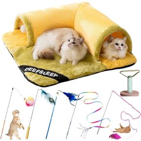 lloYvette Cat Tunnel Bed for Indoor Cats Detachable Pet Play Tunnel Cat Cave with Bed Washable Kitten Bed Extras Include:5 Pcs Cat Teaser Toys and 1 Hair Scraper.Great Gifts for Indoor Kitty.