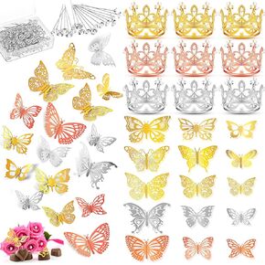 Seajan 269 Pcs Flower Bouquet Accessories 9 Mini Crown Cake Topper 60 3D Colors Butterflies 200 Corsage Bouquet Pins for Wedding Birthday Mother's Day DIY Flower Arrangements Craft