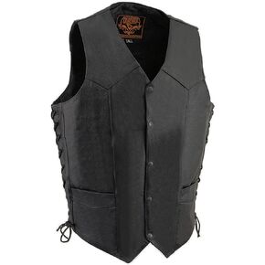 Milwaukee Leather SH1315Tall Men's Black Leather Classic V-Neck Side Lace Motorcycle Rider Vest w/Snap Closure