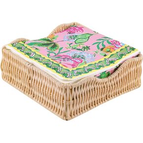 Lilly Pulitzer 40 Cocktail Napkins with Raffia Napkin Holder, Pink Disposable Paper Napkins, Reusable Napkin Holder for Table, Via Amore Spritzer