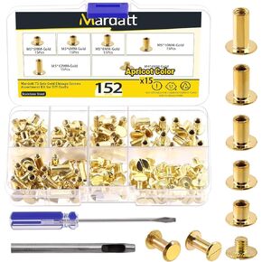 Mardatt 152Pcs 5 Sizes Chicago Screws with Punch and Screwdriver, M5 x 5/6/8/10/12MM Carbon Steel Chicago Rivets M5 Chicago Binding Screws Flat Head Leather Rivets for DIY Leather Repair(Gold)