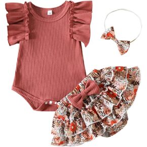 TheFound Baby Girls Summer Outfit Toddler Infant Solid Color Ruffled Sleeve Romper Floral/Leopard Print Short Newborn Clothes