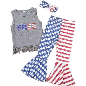 Guodeunh Toddler Baby Girl Sister Matching 4th of July Outfits Letter Print Short Sleeve Tassel Tops + Shorts/Flared Pant