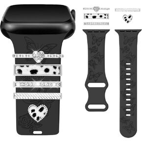 Watbro Floral Engraved Band and Decorative Rings Loops Compatible with Apple Watch Bands 40mm for Women 38mm 41mm, Soft Silicone Sport Band With Decorative Apple Watch Charms for iWatch Series 9 8 7 6 5 4 3 2 1 SE
