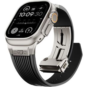 Jopinl Watch Band for Apple Watch Ultra 2 Band 49mm 45mm 44mm 42mm, Men Luxury Rugged Silicone Rubber Strap with Metal Connector & Folding Clasp for iWatch Ultra Series 9 8 7 6 5 4 3 2 1 SE