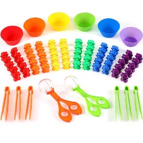 74 Pieces Counting Sorting Bears Fine Motor Skills Handy Scoopers Set Includes 60 Cute Rainbow Sorting Bears, 6 Jumbo Tweezers, 2 Scissors Clips and 6 Colorful Sorting Cups for Children Over 6