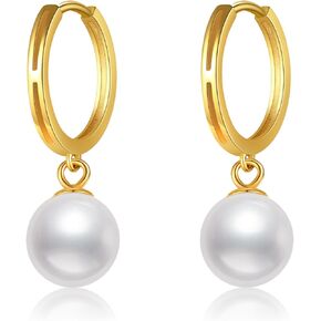 14K Gold Freshwater Cultured Pearl Earrings 14K Gold Pearl Hoop Earrings Dainty Yellow Gold 8MM Pearl Hoop Dangle Drop Earrings for Women Girls Gifts