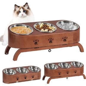handrong Elevated Cat Bowls,Cat Food Bowls,Tilted Pet Bowl,Bamboo Raised Cat Bowl,Adjustbale Cat Feeding Bowls Pet Feeder with Stand 3 Stainless Steel Bowls for Cats Small Dogs