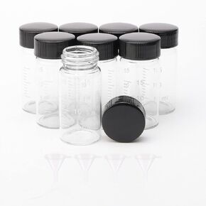 JIUWU 8Pcs Transparent Glass Vials with Graduations 20ml Clear Lab Sample Glass Bottles Vials Jars Tubes with 4 Funnels