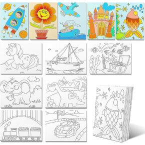 Fulmoon 24 Pcs Painting Canvas for Kids Painting Canvas Panels 7.8 x 5.8 Inch Pre Printed Designs Pre Drawn Stretched Canvas Kit for Painting for Girl Boy DIY Student Beginner Party Favor, 12 Style
