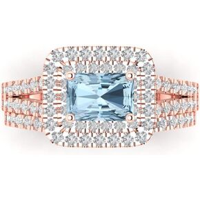 3.05ct Emerald Cut Natural Swiss Blue Topaz 18K Rose Gold Halo Solitaire W/Accents Engagement Bridal Wedding ring band Set