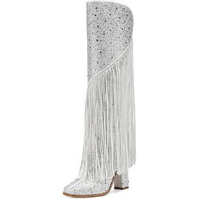 olomisa Fringe Boots for Women, Rhinestone Knee High Boots Square Toe Side Zipper Chunky Block Heel Sparkly Boots in Kuwait