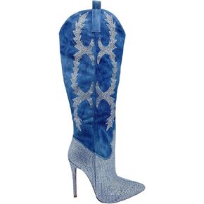 Frankie Hsu Women's Embroidered Rhinestone Gem Western Cowboy Boots Knee High Stitching Blue Denim Heeled Stiletto Fashion Classic Wide Calf Big Size Shoes