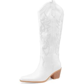 Oh Mispares Women's Western Knee-High Cowboy Boots Embroidered Leather Pull-on Wide Calf Pointed Toe Block Heel Cowgirl Boots in Kuwait