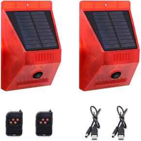 ChunHee Solar Alarm Strobe Light with Remote Control Motion Sensor Detector Outdoor Alarm 129db Sound Security Siren IP65 Waterproof Protected for Villa, Chicken coop, Farm, Yard, 2 Pack