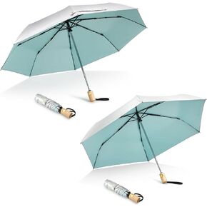 G4Free UPF 50+ UV Protection Travel Umbrella with Wooden Handle 42 Inch Lightweight Sun Rain Folding Umbrellas Auto Open Close (Lake Blue)