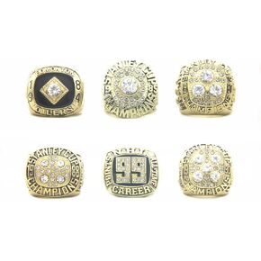 مجموعة حلقات طبق الأصل من Valman Oilers 1984 1985 1987 1988 Gretzky 1990 Messier Edmonton Champions وخاتم زعيم النقاط التذكارية لعام 1989 Wayne مع صندوق خشبي in Kuwait