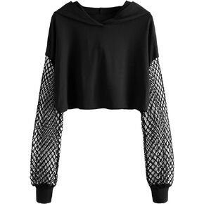 Verdusa Women's Fishnet Crop Hoodie Drop Shoulder Long Sleeve Sweatshirt Pullover